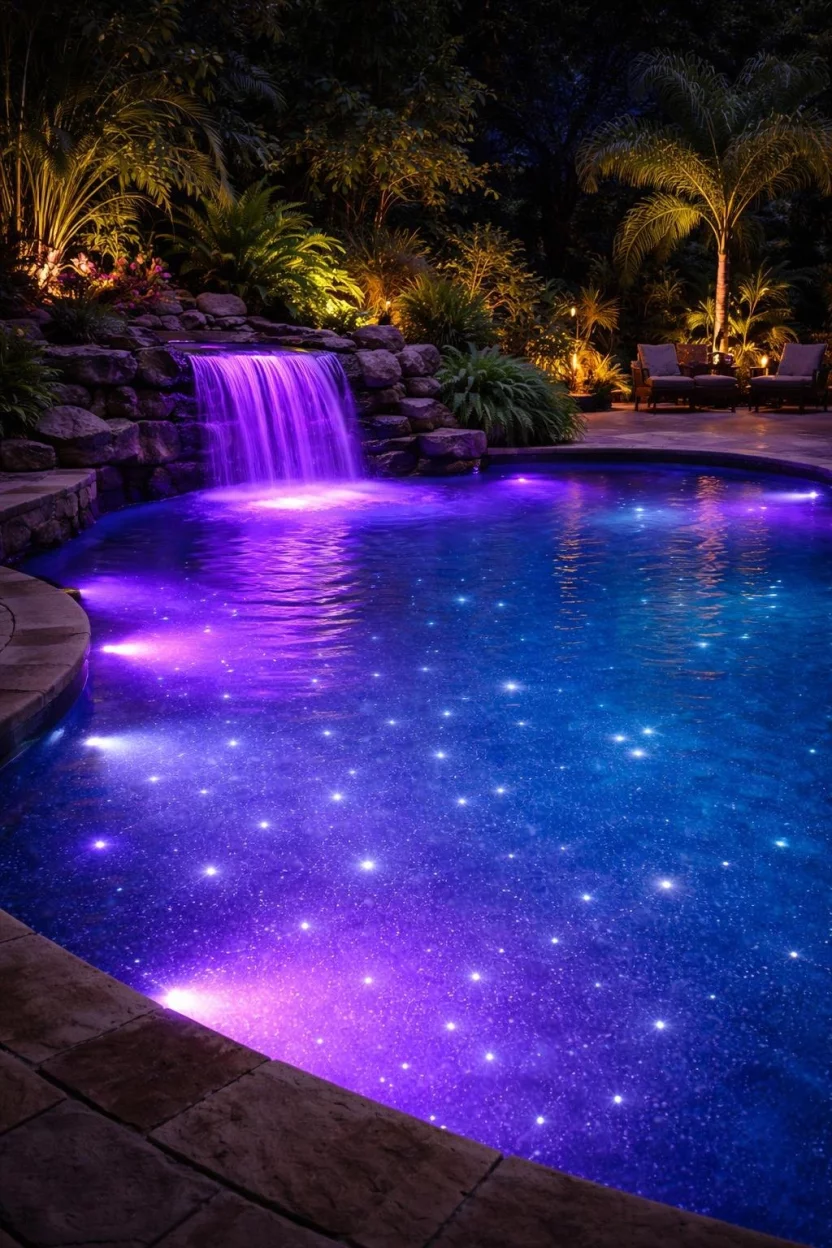 LED Illuminated Night Pools A realistic photo of a garden pool at night glowing with vibrant purple and blue LED lights while fiber optic stars twinkle on the pool floor.