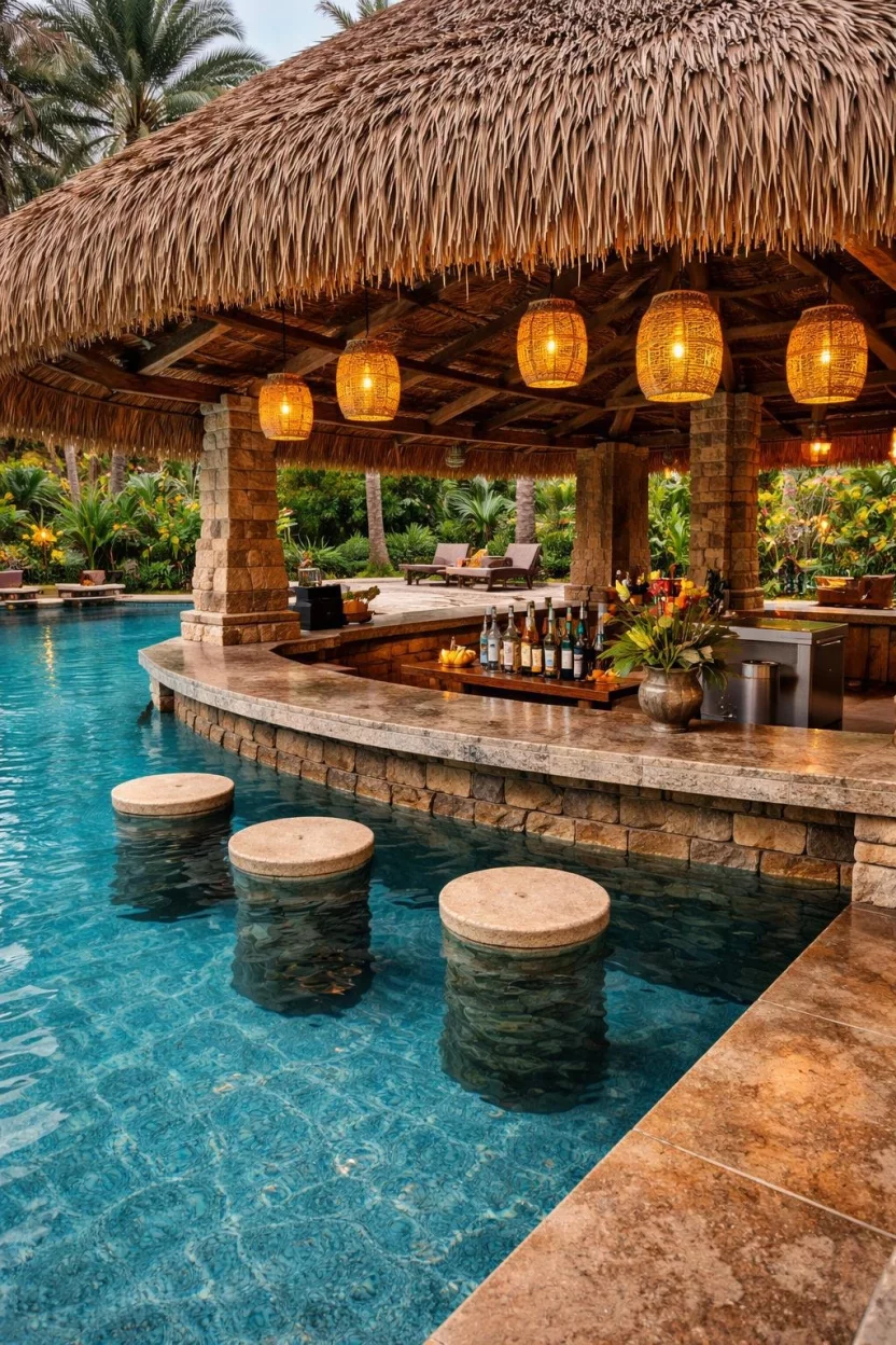 Swim Up Bar Pools A realistic photo of a patio with a pool featuring a built in stone bar and three submerged bar stools under a thatched roof with hanging lanterns.