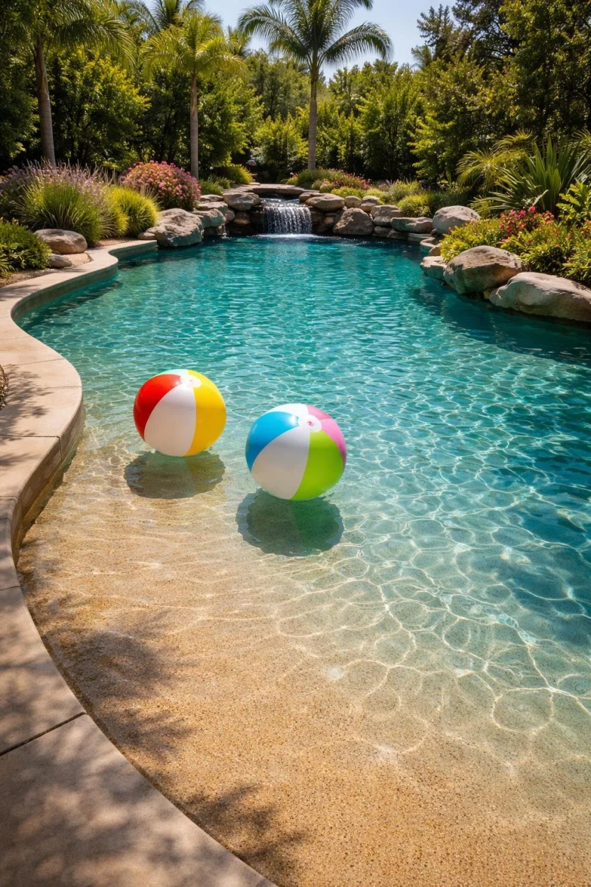 Zero Entry Beach Pools A realistic photo of a garden with a pool featuring a sloping sandy colored concrete entry that gradually disappears under the clear water topped with two colorful beach balls.