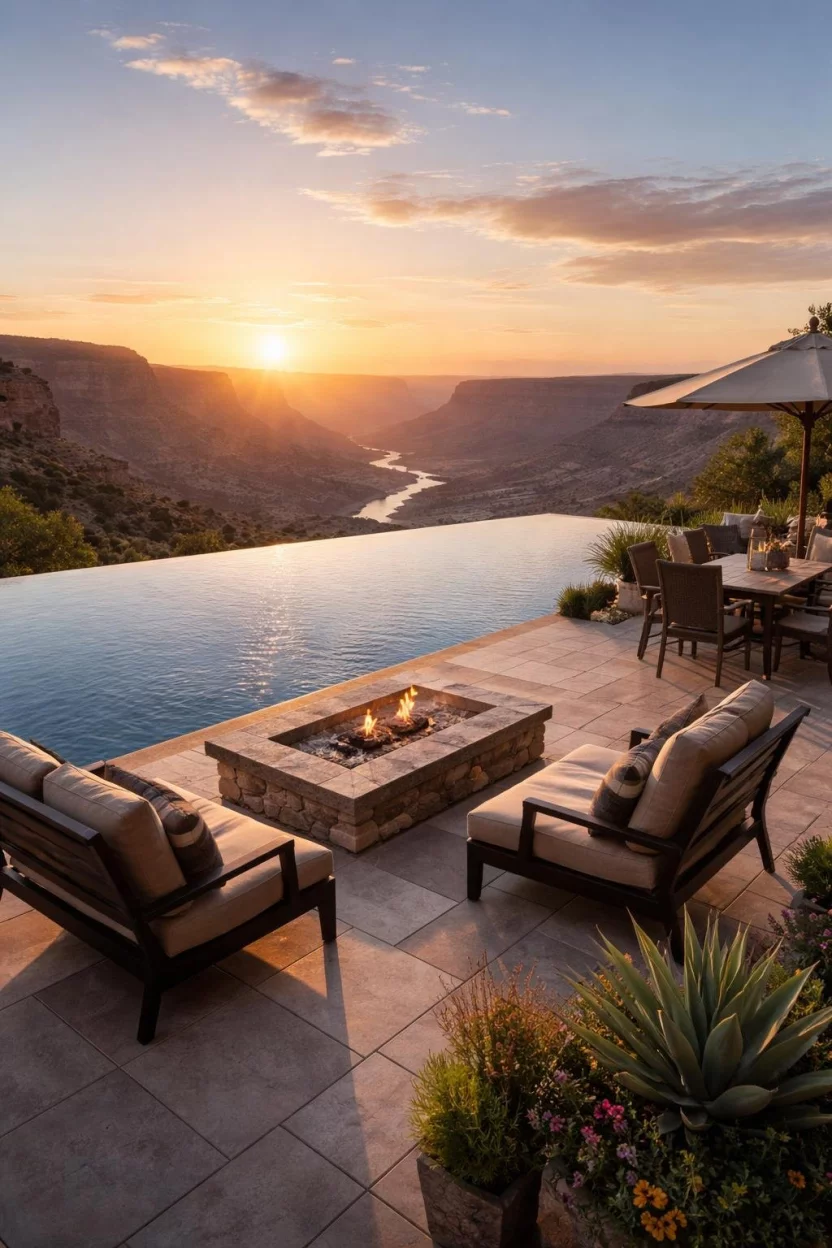 Infinity Edge Pools A realistic photo of a patio overlooking a vast canyon with an infinity edge pool where the water surface blends perfectly into the distant horizon during a golden sunset.