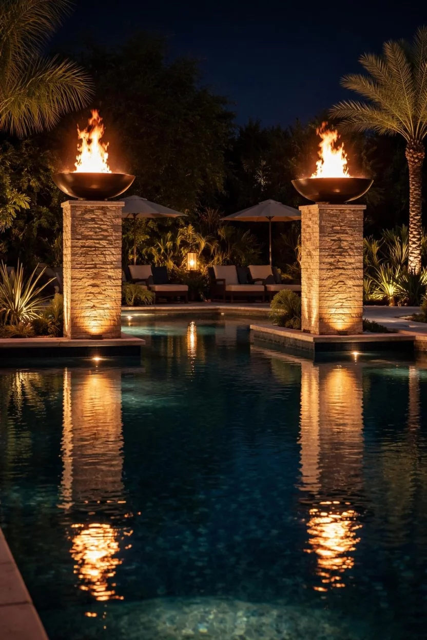 Fire and Water Harmonies A realistic photo of a patio pool at night with two tall stone pillars holding flaming fire bowls that reflect on the dark water surface.