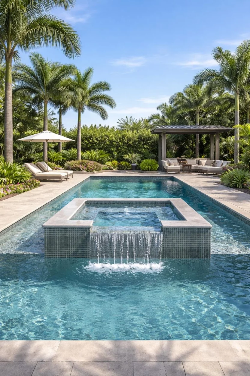 Integrated Spa Retreats A realistic photo of a patio showing a rectangular pool with a raised square hot tub that spills over its tiled edges into the main swimming area.