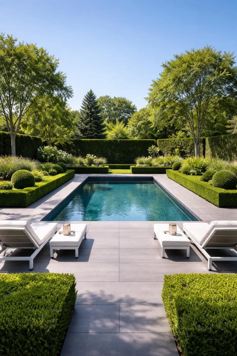 Sleek Geometric Pools A realistic photo of a garden featuring a sharp rectangular pool with dark gray porcelain tile decking, minimalist white lounge chairs, and manicured boxwood hedges under a clear blue sky.