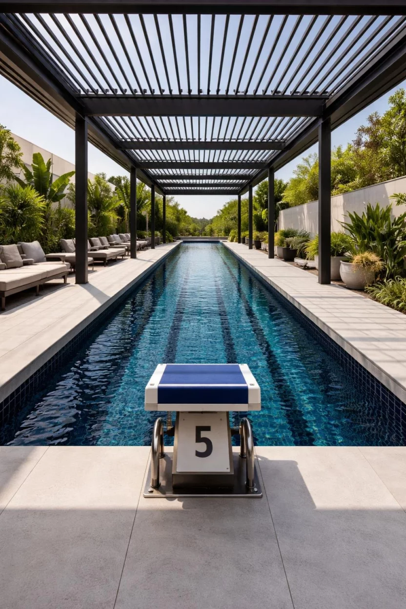 Elongated Lap Pools A realistic photo of a patio featuring a very long and narrow lap pool with dark blue tiles and a professional starting block at one end under a modern pergola.