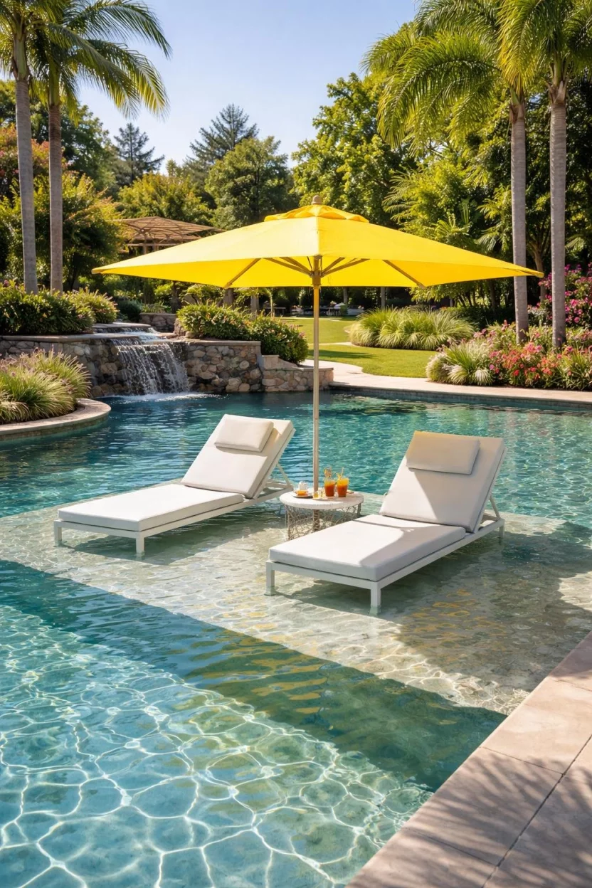 Built In Tanning Ledges A realistic photo of a garden pool featuring a wide shallow shelf with two white lounge chairs and a bright yellow umbrella standing in the water.