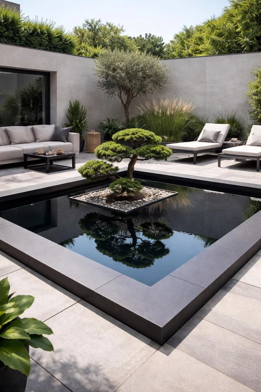 Zen Minimalist Pools A realistic photo of a patio featuring a square pool with a smooth black matte finish and a single bonsai tree reflected in the perfectly still water.