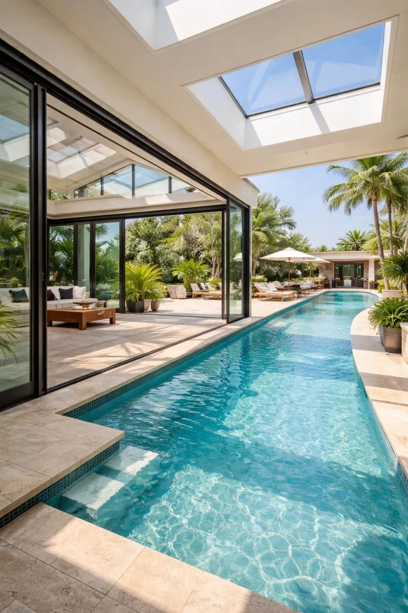 Indoor Outdoor Pool Extensions A realistic photo of a luxury home where a pool starts inside a glass walled sunroom and continues out onto a sunny stone patio.
