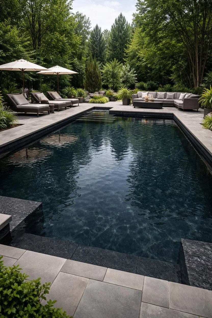 Dark Interior Finishes A realistic photo of a patio pool with a deep charcoal gray plaster finish that makes the water look like a moody natural mountain lake.