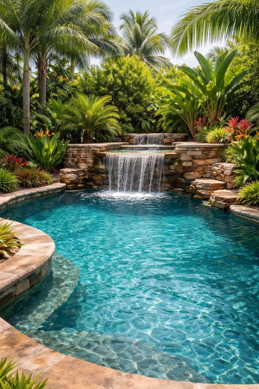 Multi Level Cascade Pools A realistic photo of a garden with a tiered pool system where water spills from an upper stone basin into a larger lower swimming area surrounded by tropical plants.