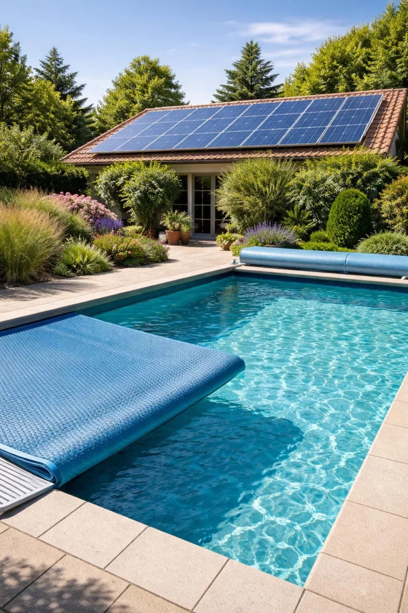 Eco Friendly Sustainable Pools A realistic photo of a garden pool with solar panels on a nearby roof and a thick thermal cover partially pulled back to reveal clear water.