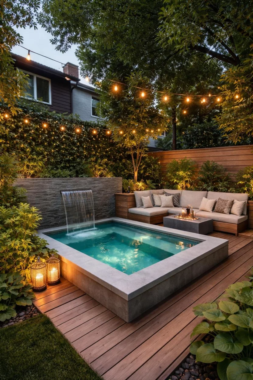 Compact Plunge Pools A realistic photo of a small city backyard with a deep square plunge pool tucked into a wooden deck corner featuring built in seating and soft ambient lighting.