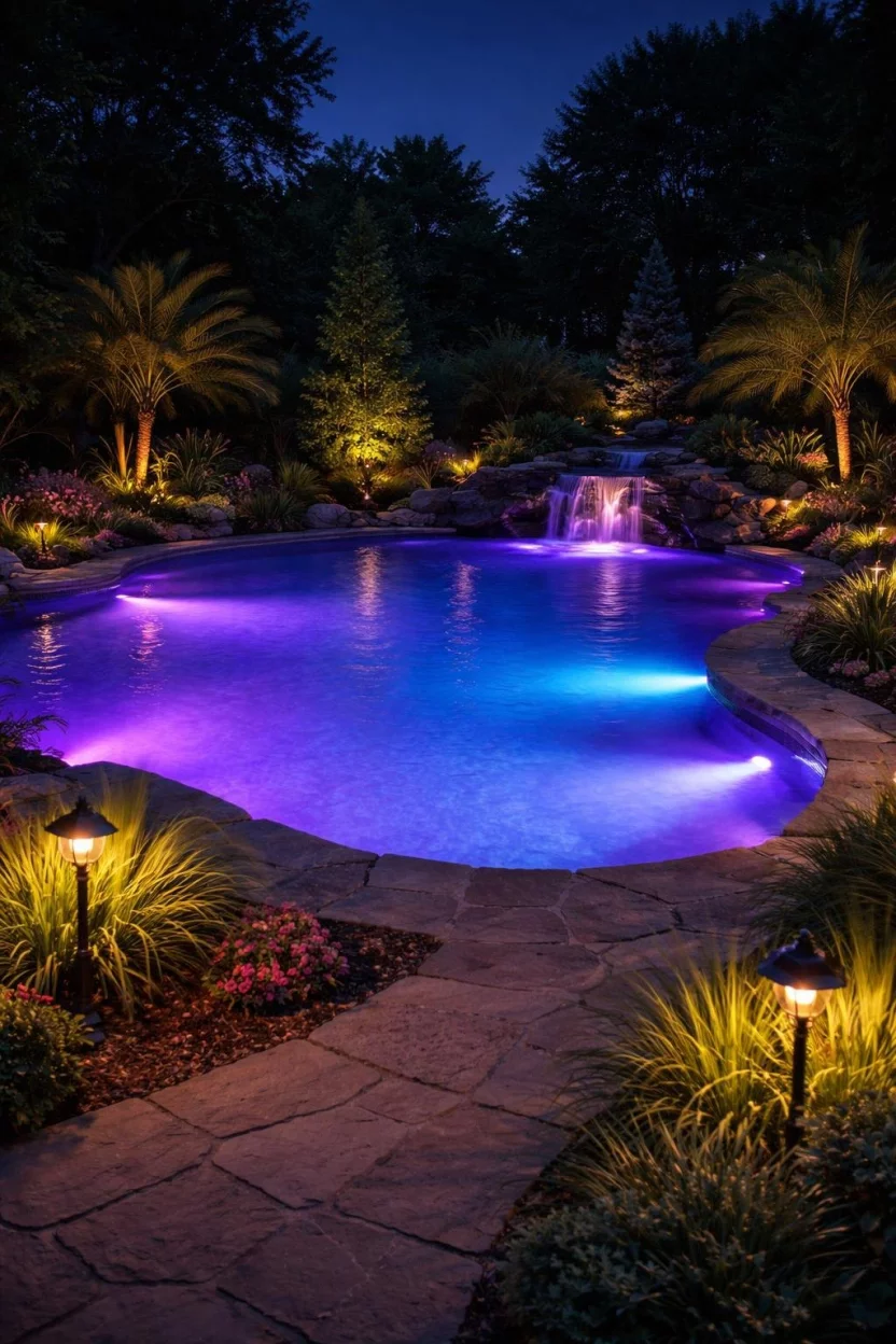 A realistic photo of a backyard garden pool at night illuminated by vibrant purple and blue underwater LED lights with glowing pathway lamps tucked into the surrounding plants.