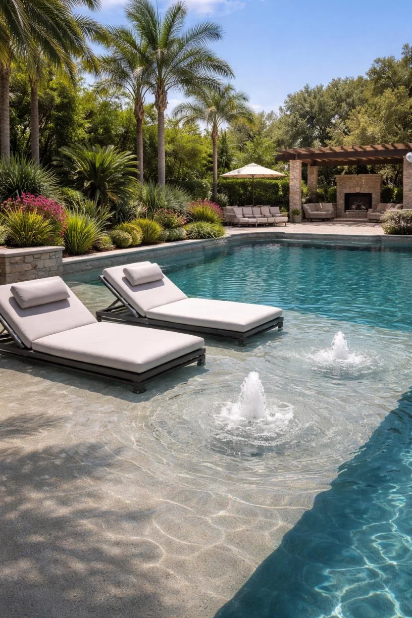 A realistic photo of a backyard garden pool featuring a wide shallow Baja shelf with two stylish lounge chairs partially submerged in the water and small bubbling fountains.