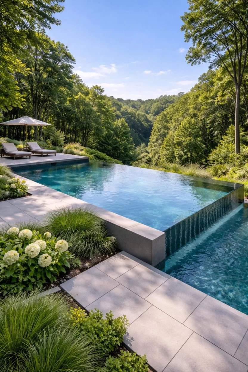 A realistic photo of a backyard garden with an infinity edge pool that seems to vanish into a scenic forest view, featuring minimalist stone coping and a hidden catch basin.