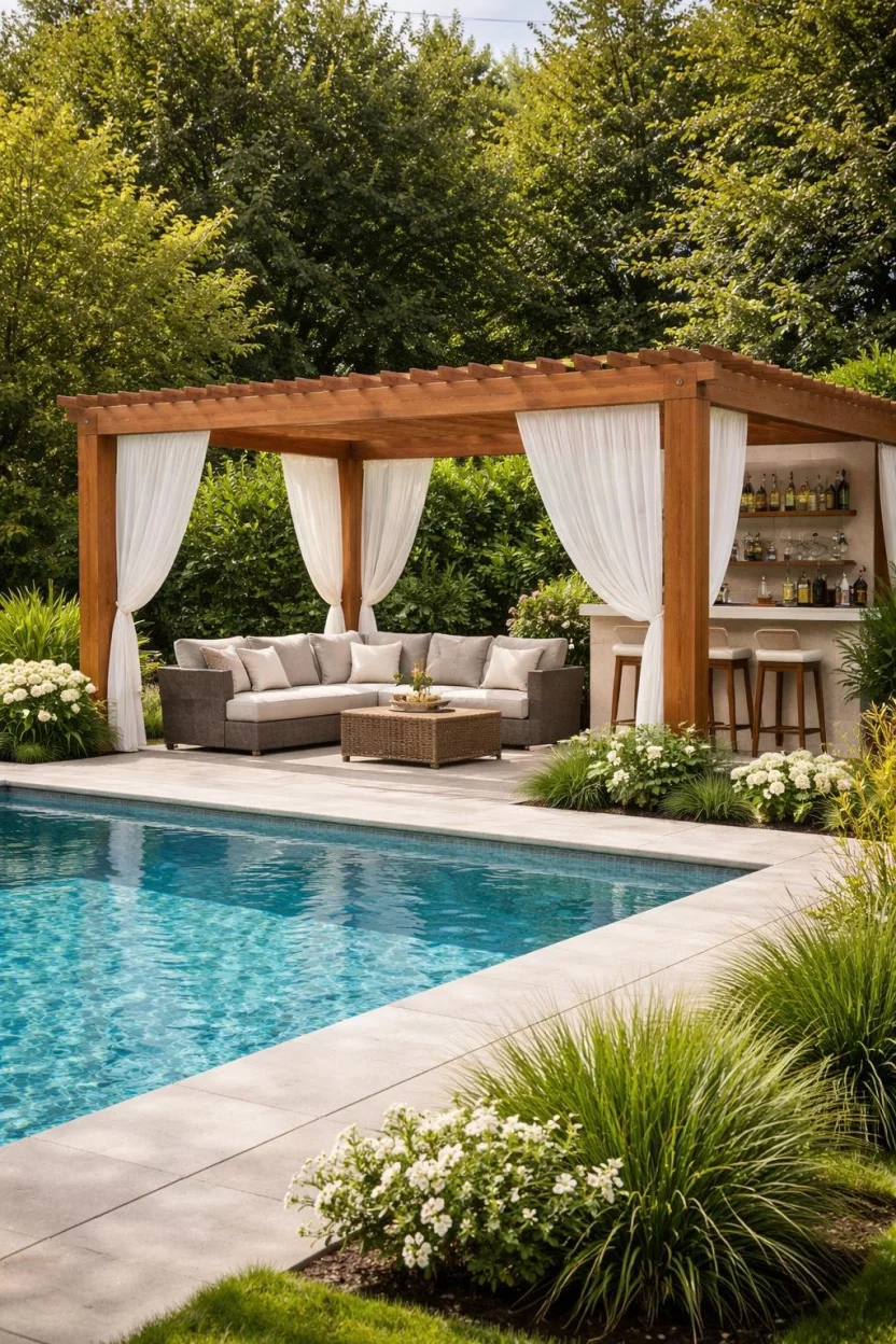 A realistic photo of a backyard garden featuring a modern wood pergola with white curtains next to a pool, containing a comfortable outdoor sofa and a small bar area.