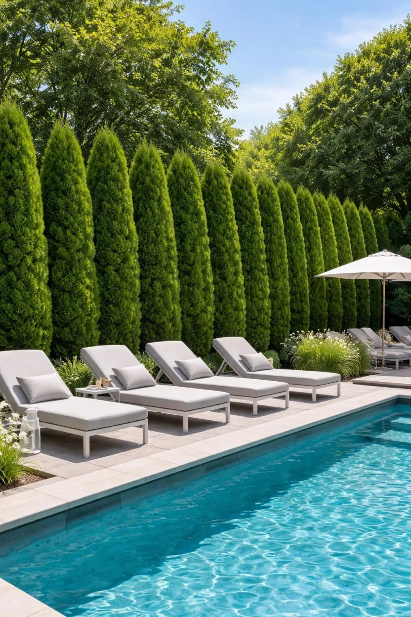 A realistic photo of a backyard garden with a tall row of meticulously trimmed arborvitae trees forming a living wall behind a sun-drenched pool area with modern lounge chairs.