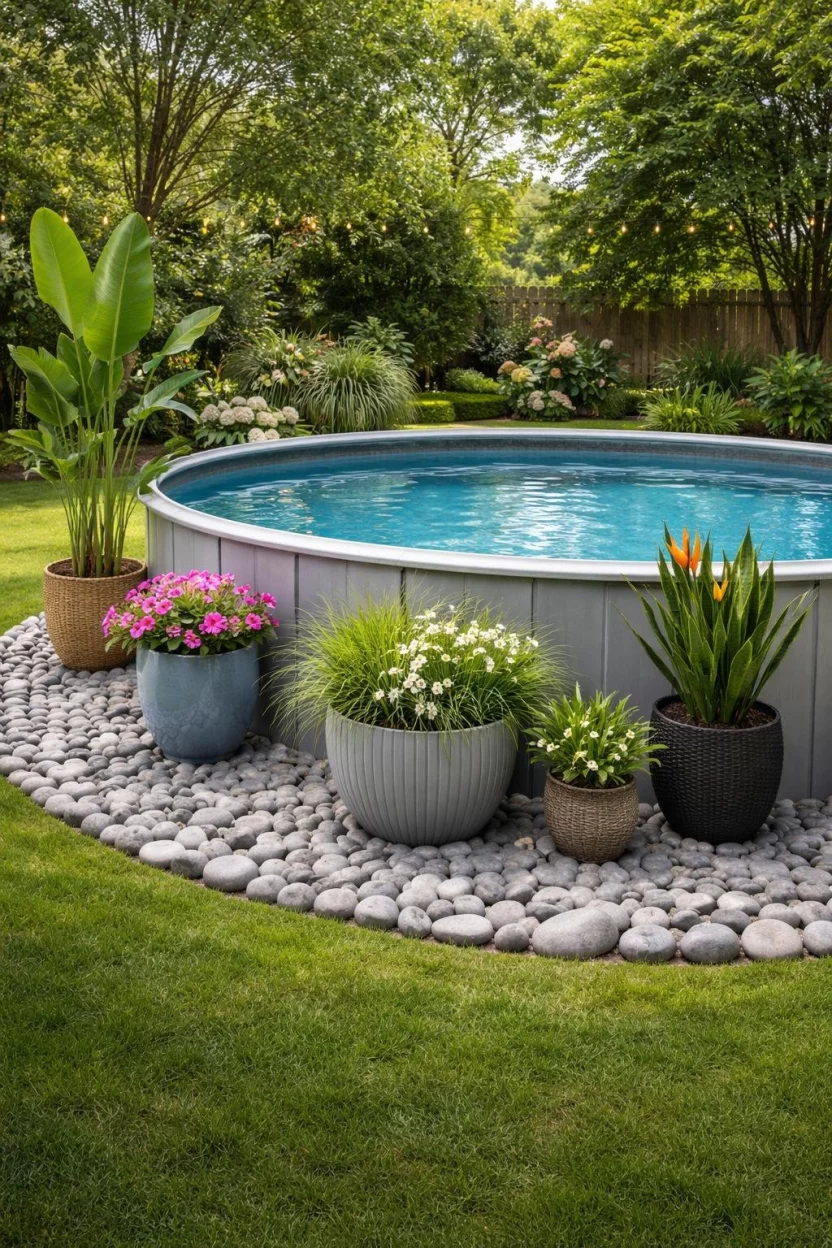 A realistic photo of a backyard garden featuring a clean ring of smooth gray river pebbles around an above-ground pool with several large potted plants placed on top of the stones.