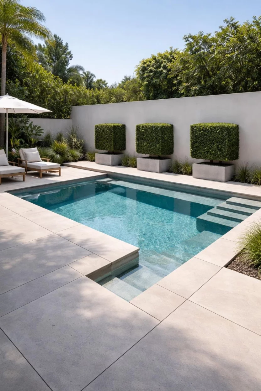 A realistic photo of a backyard garden featuring a geometric L-shaped pool surrounded by sleek polished concrete, minimal limestone pavers, and three perfectly spaced boxed hedges against a neutral wall.