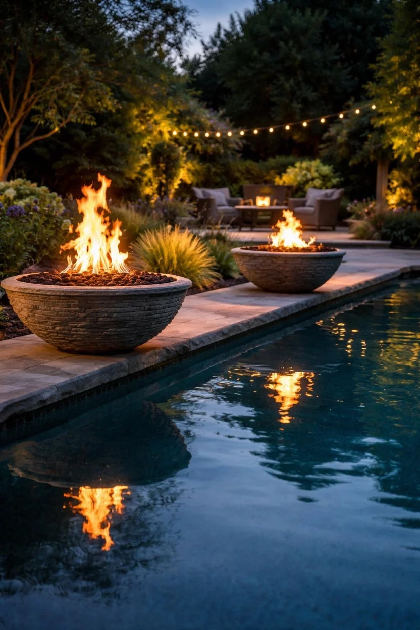 A realistic photo of a backyard garden at dusk showcasing two stone fire bowls sitting on the edge of a pool with orange flames reflecting on the water surface next to a stone patio.