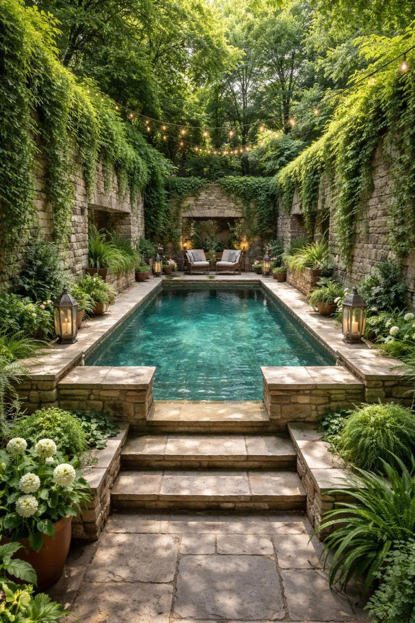 A realistic photo of a backyard garden with a sunken pool area surrounded by stone tiered walls and climbing ivy, giving the impression of a secret underground grotto.