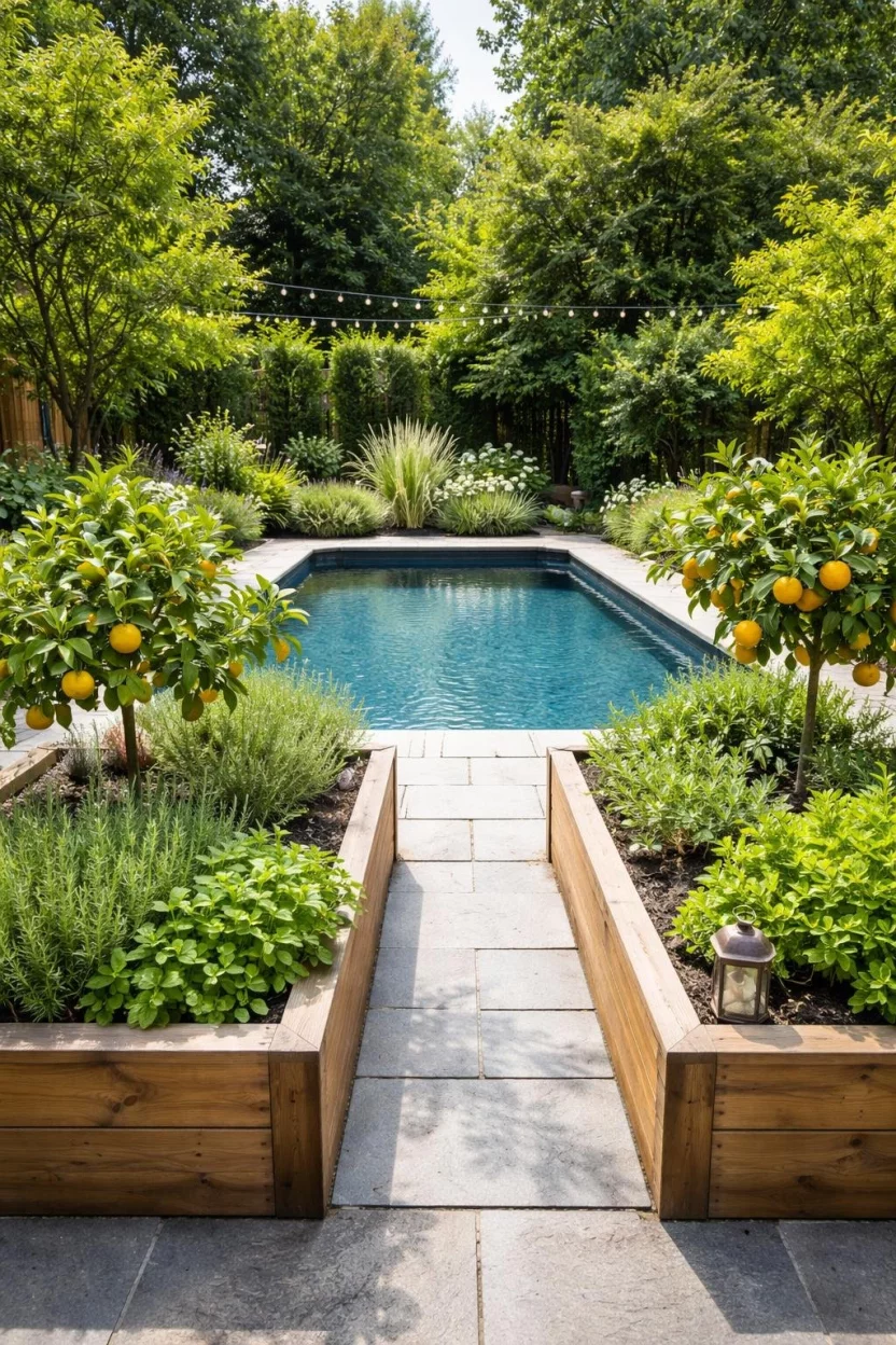 A realistic photo of a backyard garden pool bordered by raised wooden beds containing rosemary, mint, and small citrus trees with ripening fruit.