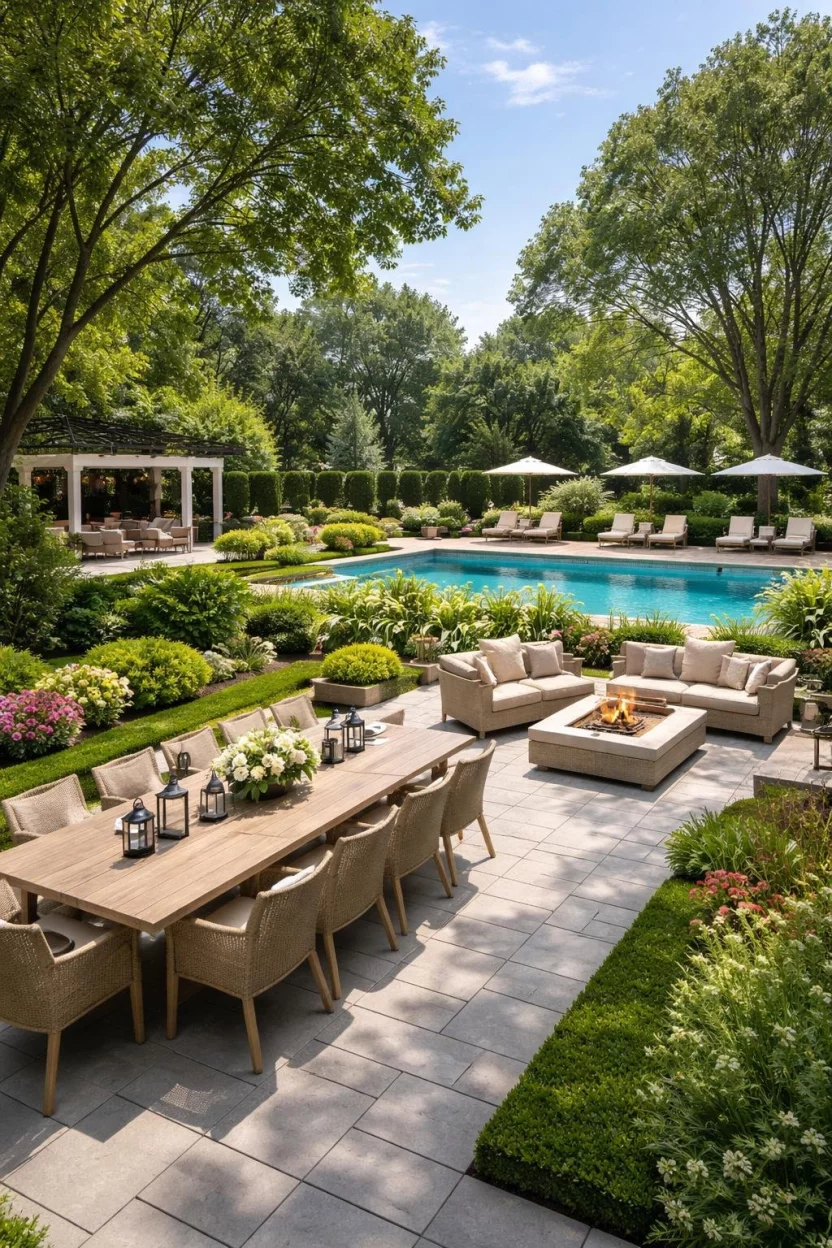 A realistic photo of a backyard garden with a large pool area divided into a dining zone with a long table, a lounge zone with a fire pit, and a sunbathing area on a raised deck.