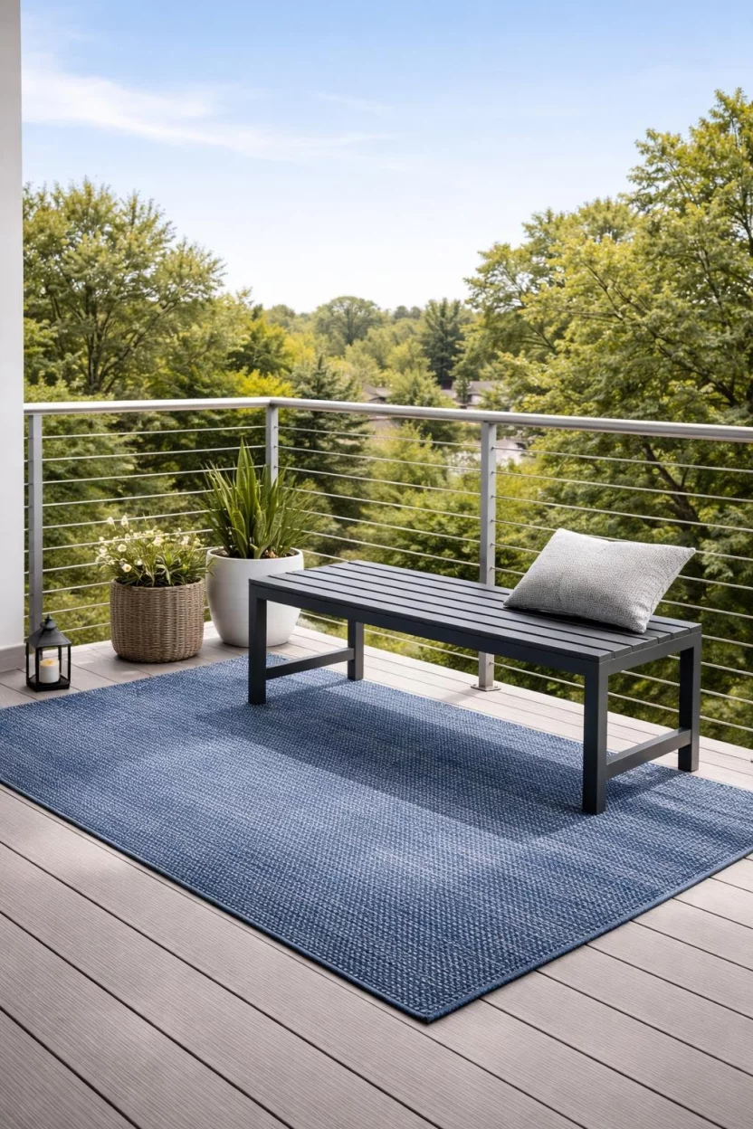 A realistic photo of a modern outdoor balcony with thin horizontal stainless steel cable railings, a grey metal bench, and a blue outdoor rug.