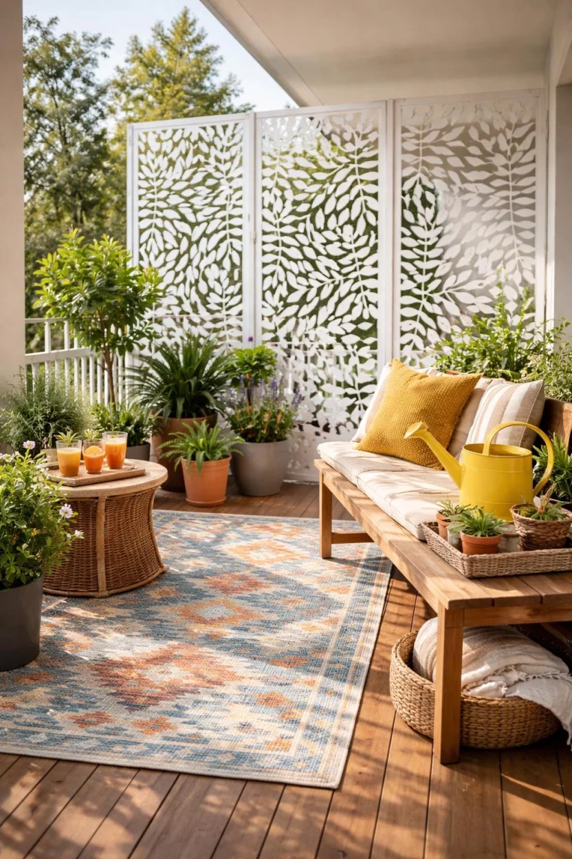A realistic photo of a cozy balcony with white laser cut metal screens featuring leaf patterns, a colorful woven outdoor rug, and a yellow metal watering can sitting on a wooden bench.