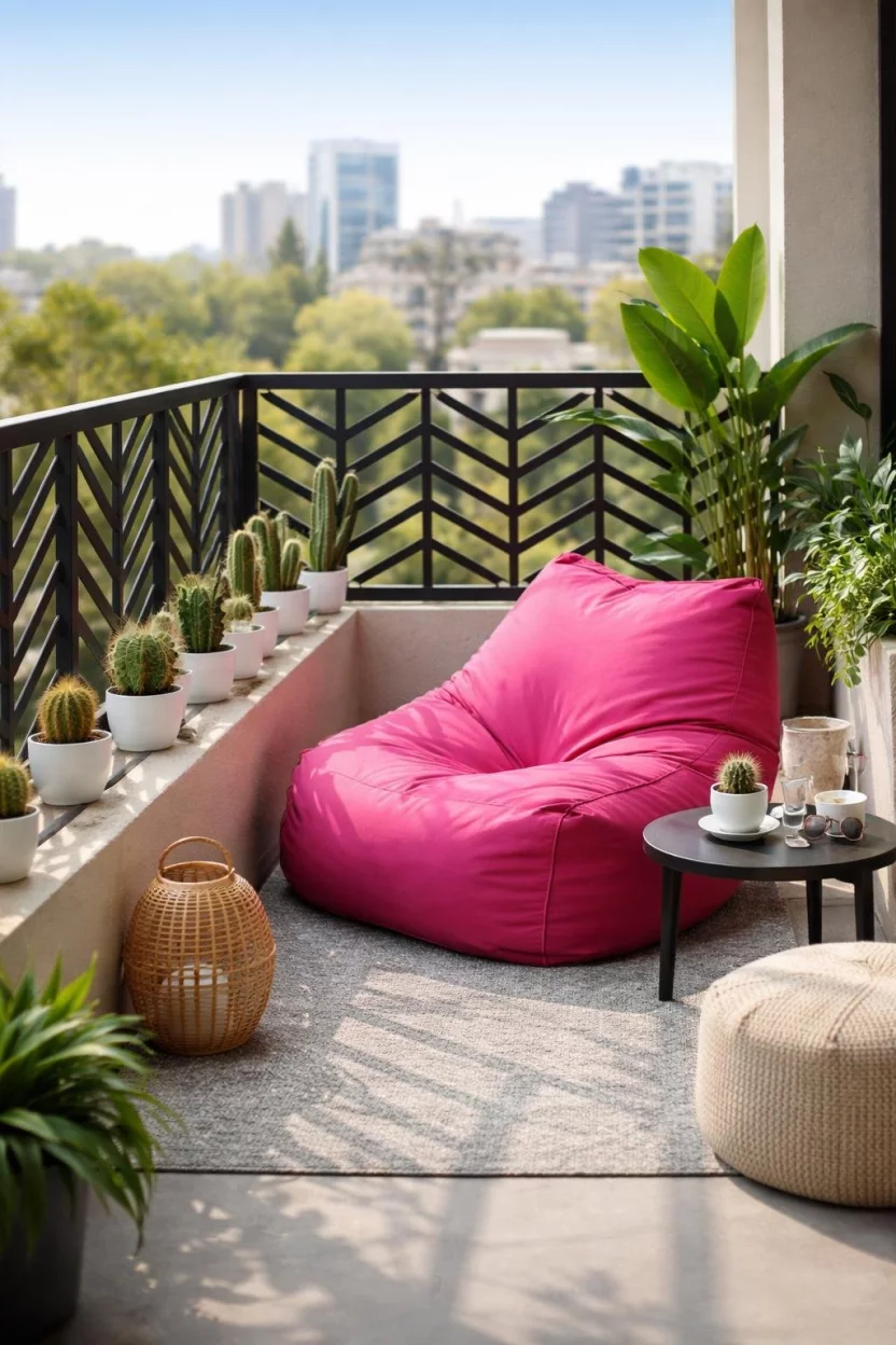 A realistic photo of a trendy balcony with black zig zag chevron patterned grills, a bright pink outdoor bean bag, and a collection of small cactus plants in white pots.