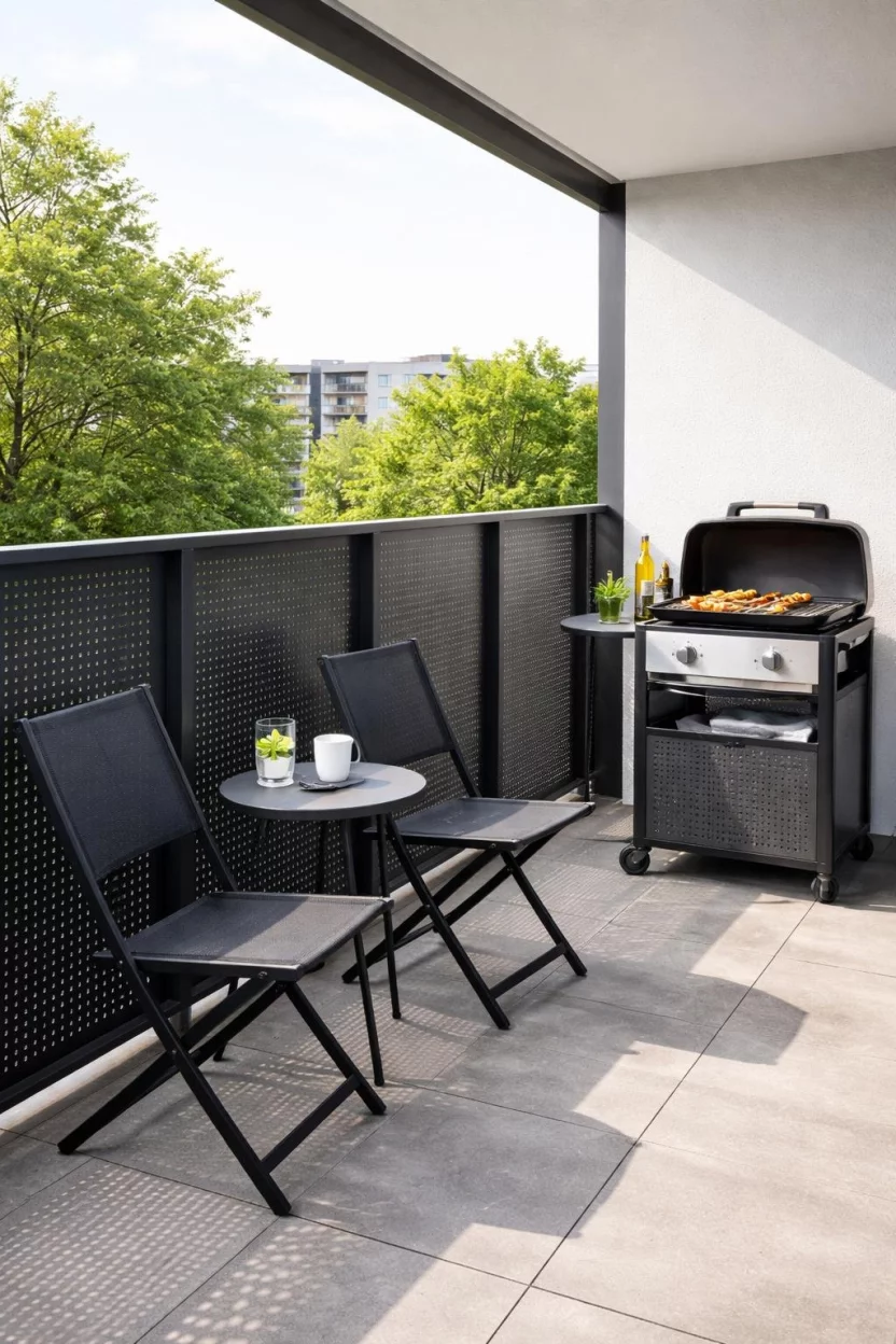 A realistic photo of a sleek balcony with dark grey perforated metal panel grills, a small portable gas grill, and two black folding chairs.