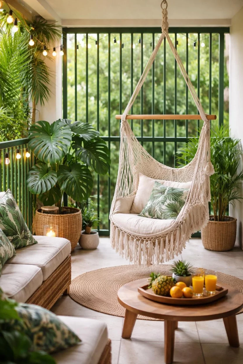 A realistic photo of a tropical themed balcony with green bamboo shaped metal grill bars, a hanging macrame hammock chair, and a large monstera plant.