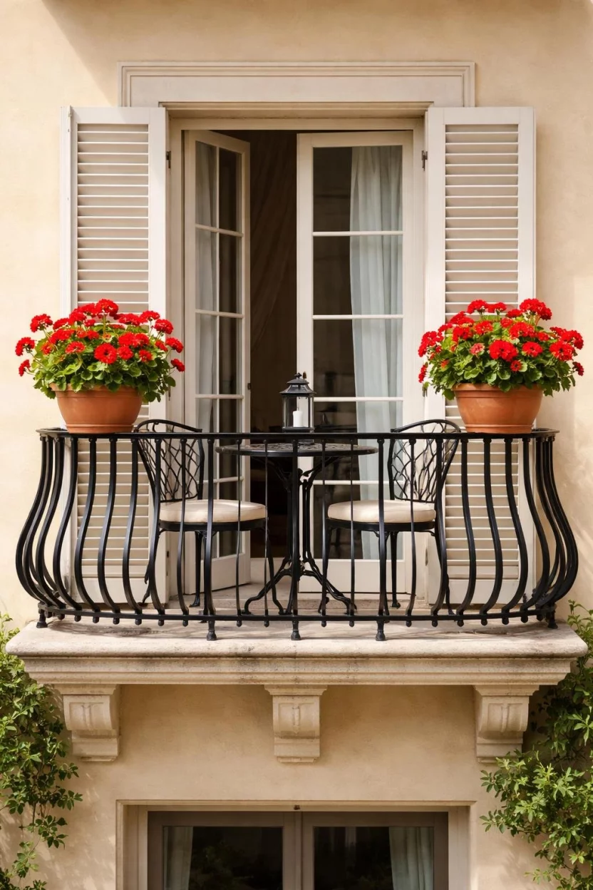 A realistic photo of a traditional balcony with black curved belly railings, a pair of red geraniums in clay pots, and a vintage black iron small table.
