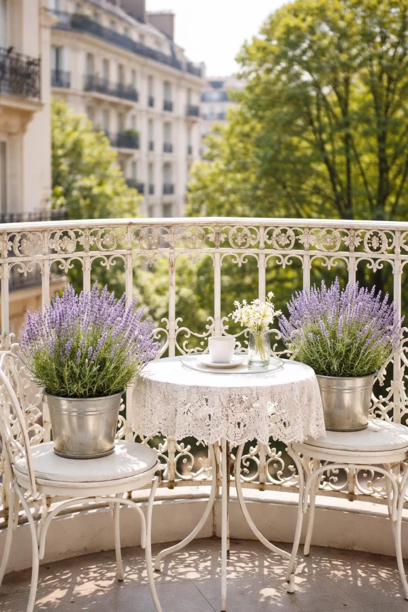 A realistic photo of a historic balcony with white ornate cast iron railings, a small round table with a lace tablecloth, and two lavender plants in silver pots.