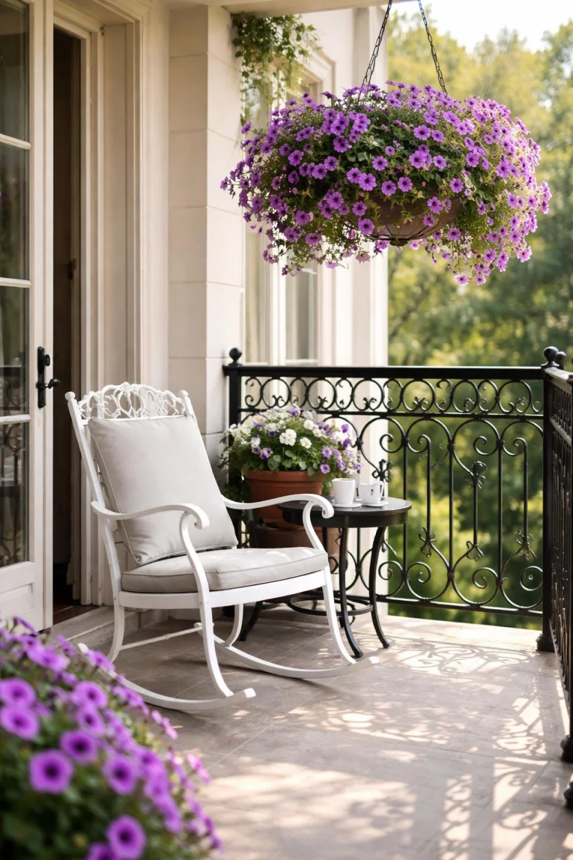 A realistic photo of a traditional balcony with black wrought iron scrollwork railings, a white metal rocking chair, and purple petunias in a hanging basket.