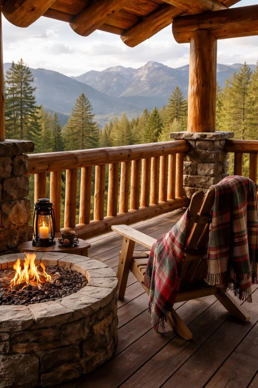A realistic photo of a mountain cabin balcony with thick natural pine log railings, a plaid patterned outdoor blanket on a wooden chair, and a stone fire pit.