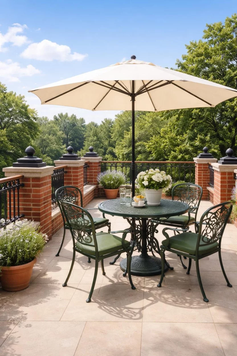 A realistic photo of a terrace balcony with red brick balustrades and black iron caps, a large cream colored patio umbrella, and a set of green metal garden furniture.