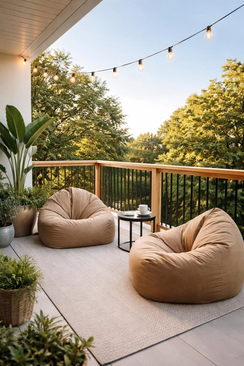 A realistic photo of a modern patio balcony with a combination of light oak wood handrails and black steel spindles, a pair of tan bean bag chairs, and a string of warm fairy lights.