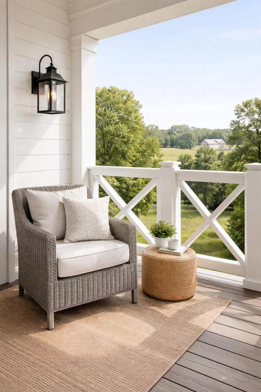 A realistic photo of a farmhouse style balcony with white X pattern wooden railings, a black outdoor lantern, and a grey wicker chair with a white cushion.