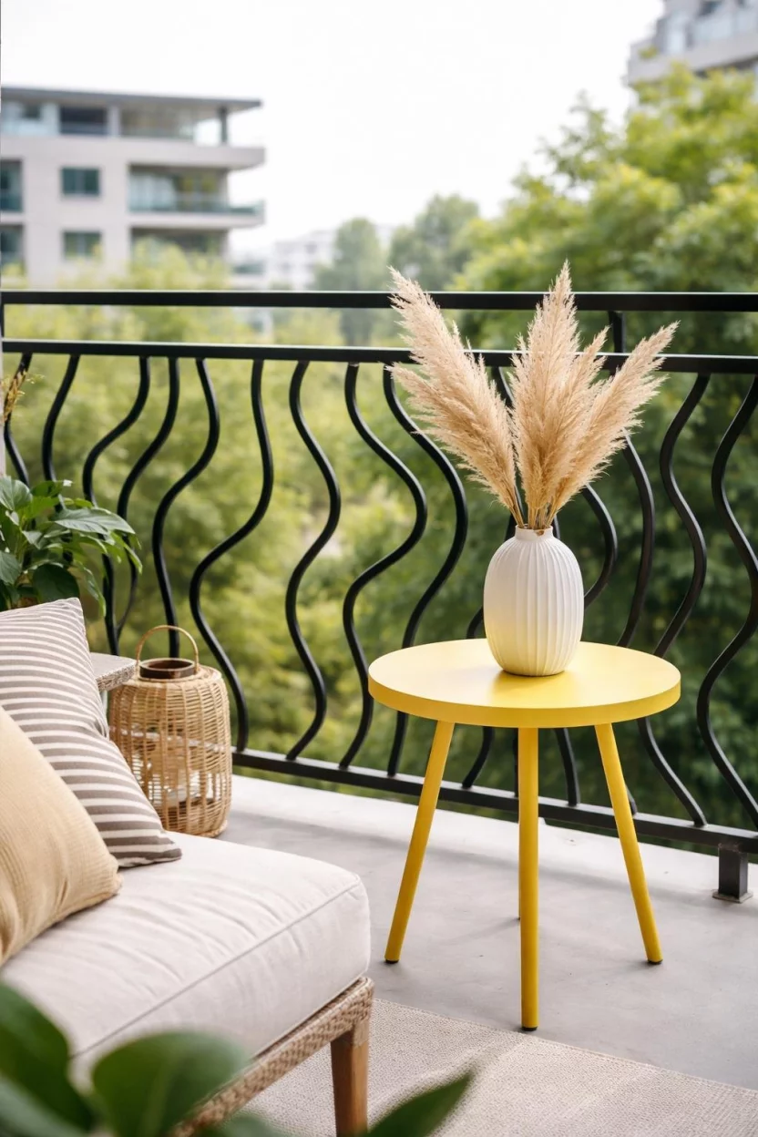 A realistic photo of an artistic balcony with black abstract wavy line grills, a small round yellow side table, and a white ceramic vase with dried pampas grass.
