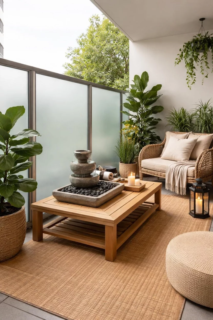 A realistic photo of a private balcony with frosted glass panels, a bamboo floor mat, and a small Zen fountain on a low wooden table.