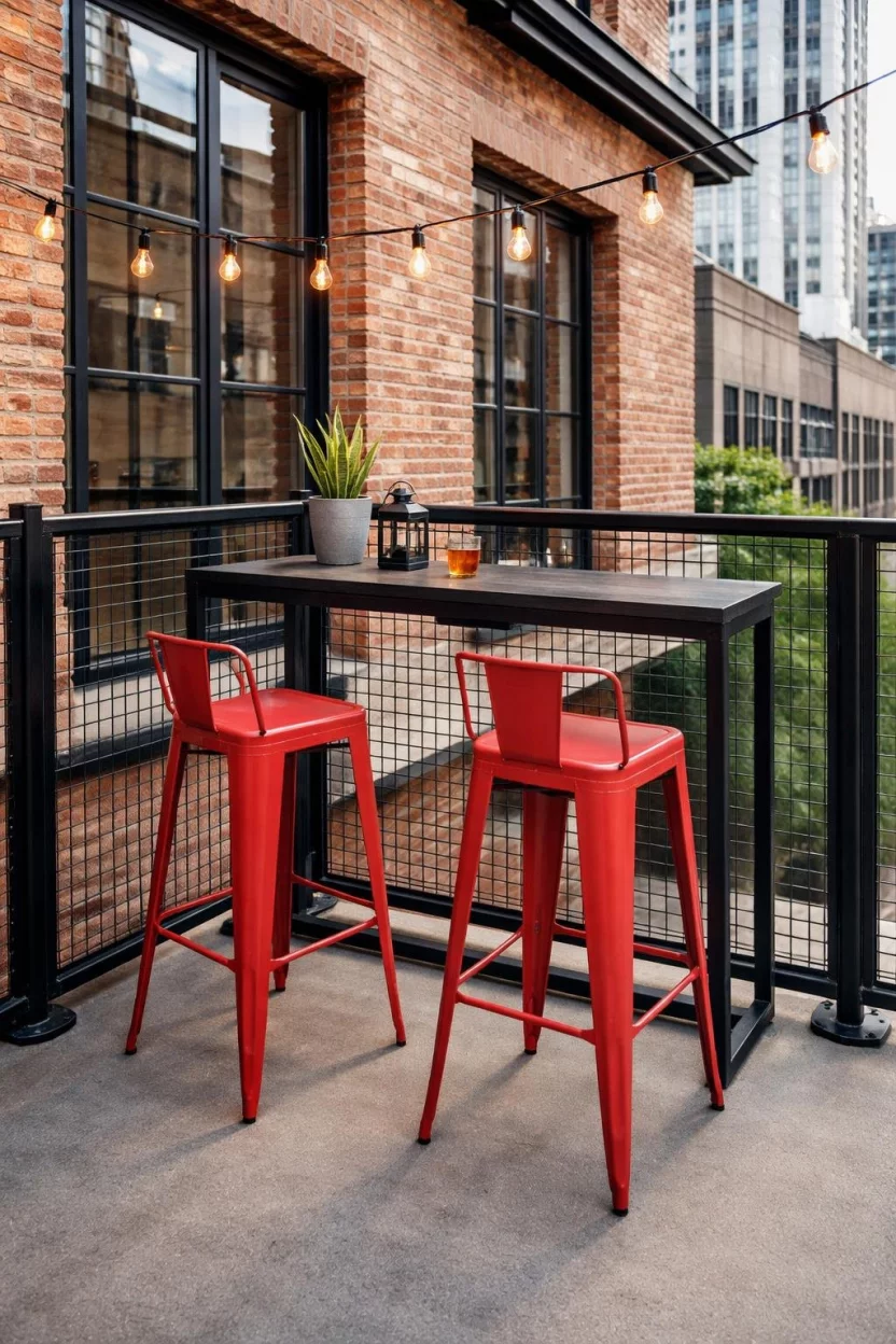 A realistic photo of an urban loft balcony with black steel wire mesh fencing, a metal bar height table, two red tall stools, and an external industrial brick wall background.