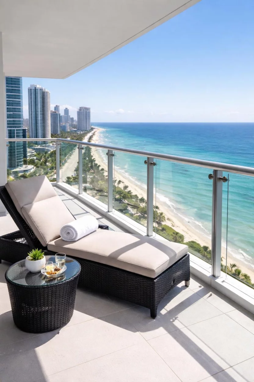 A realistic photo of a luxurious high-rise balcony with clear glass panel railings with silver stainless steel clips, a sleek black wicker lounge chair, and a small glass side table.