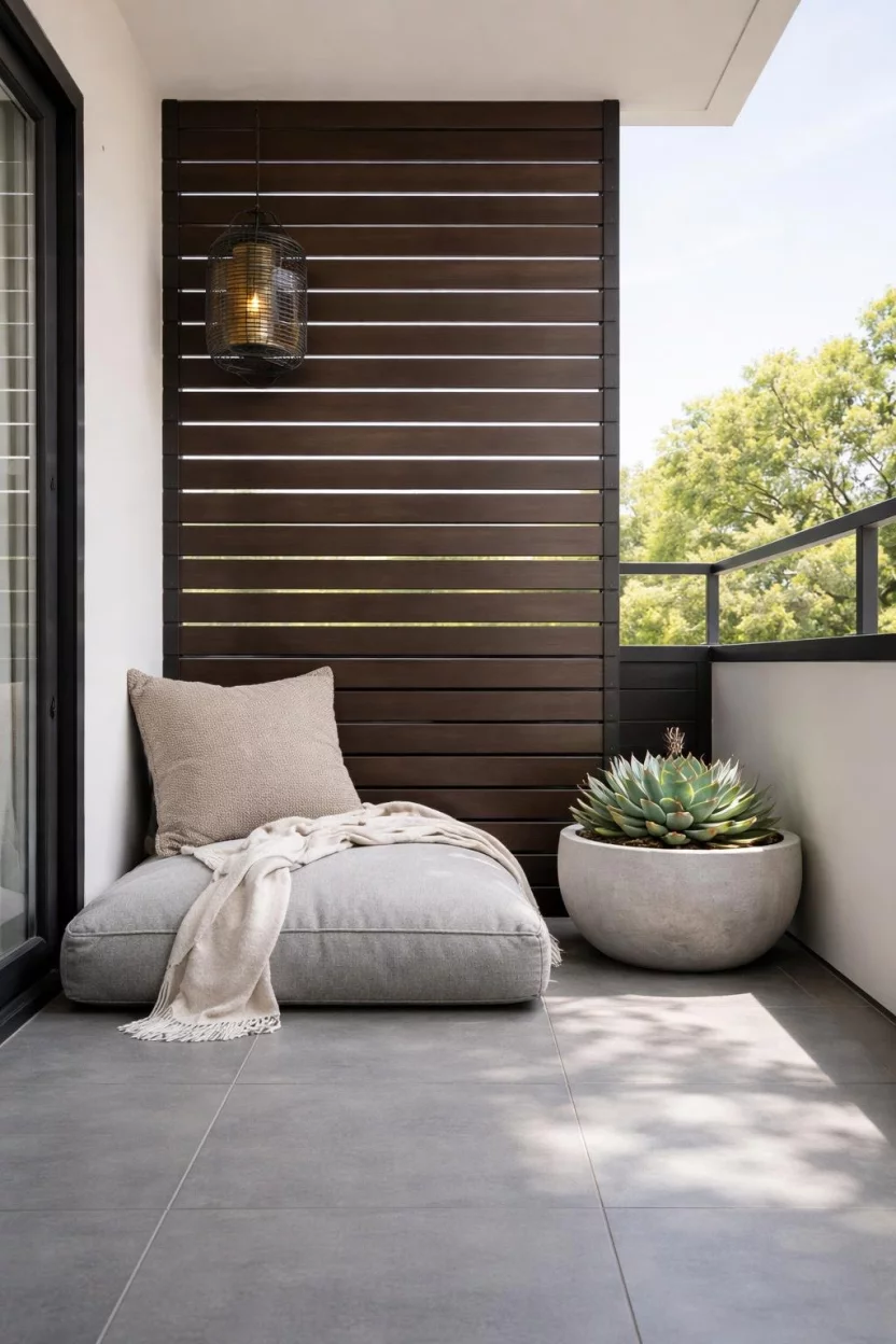 A realistic photo of a minimalist balcony with dark brown wood horizontal slats, a grey floor cushion, and a round concrete planter with a succulent.