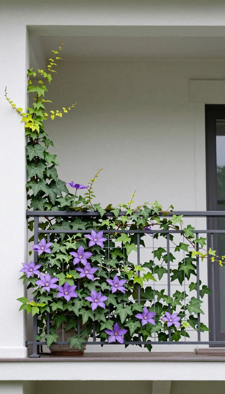 Vertical Garden Wire Trellis A realistic photo of an American home's balcony with a simple metal frame supporting a grid of thin wires covered in climbing ivy and purple clematis flowers, creating a living green wall that serves as a natural railing.
