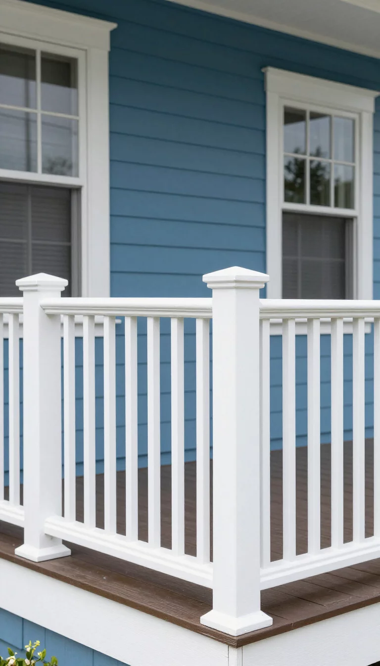Crisp White Vinyl Picket Style A realistic photo of an American home's balcony with bright white vinyl railings in a classic picket design, featuring square balusters and a wide top rail, perfectly matching a traditional blue clapboard house with white window trim.