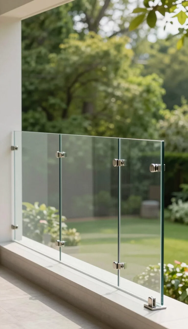 Transparent Tempered Glass Panels A realistic photo of an American home's balcony showcasing seamless tempered glass panels held by small stainless steel clamps, offering an unobstructed view of a lush green backyard forest during a bright afternoon, highlighting a sleek and minimalist modern architectural style.