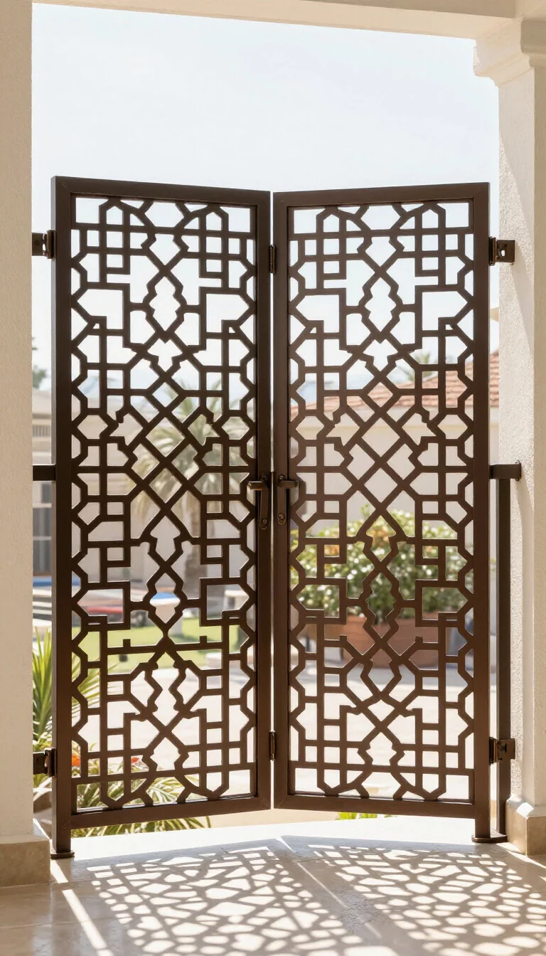 Decorative Laser Cut Metal Sheets A realistic photo of an American home's balcony featuring dark bronze metal screens with a laser cut Moroccan geometric pattern, creating intricate shadows on the balcony floor while providing privacy and a unique artistic flare to the home exterior.