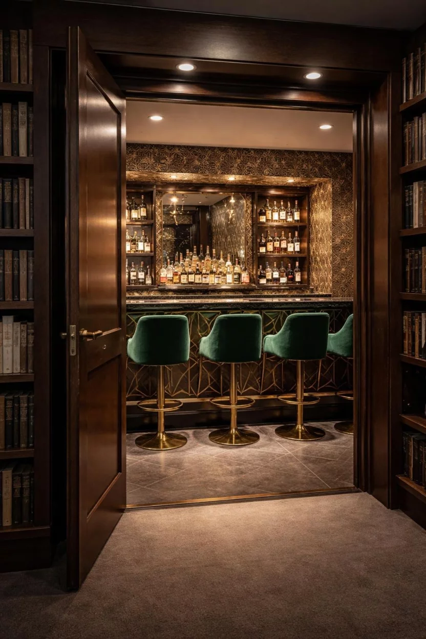 A realistic photo of a basement bar hidden behind a bookshelf door, featuring gold art deco wallpaper, a mirrored back bar, and velvet green cocktail chairs.