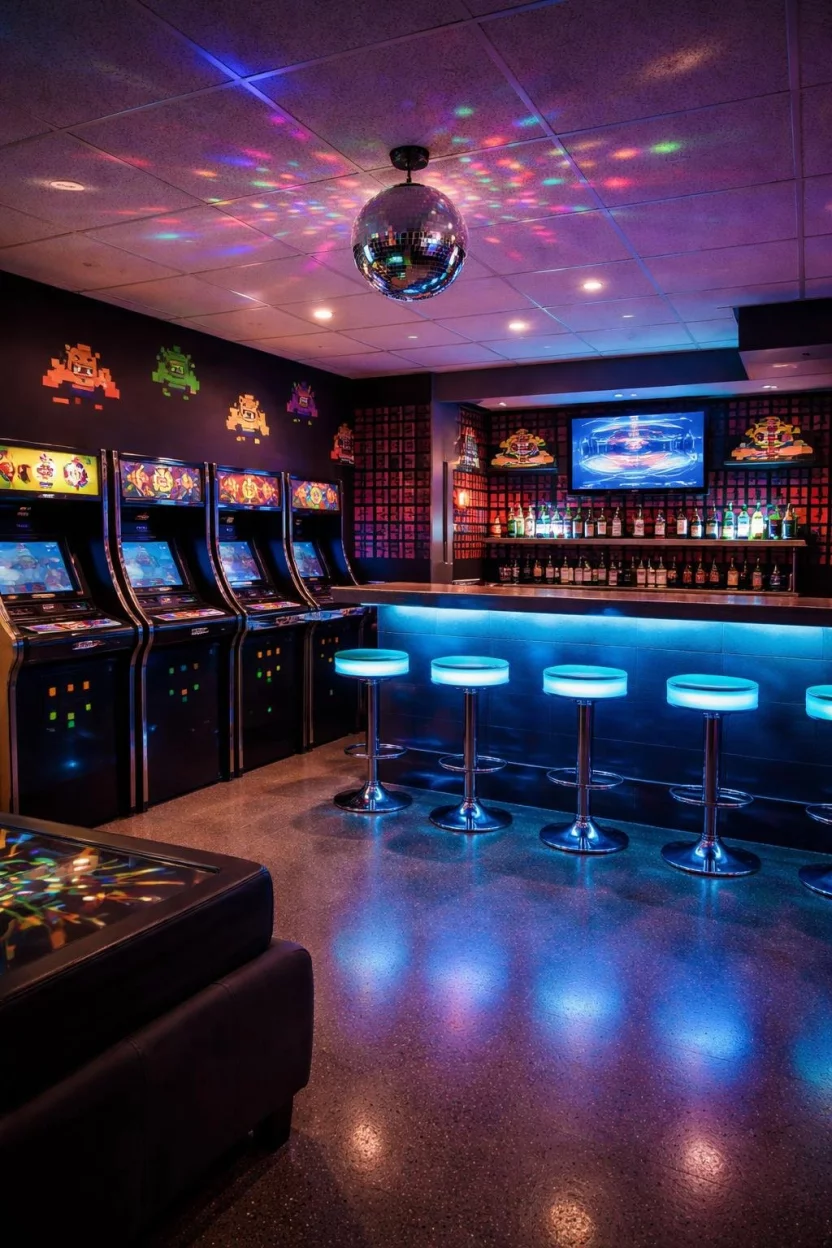 A realistic photo of a basement bar with pixel art wall decals, a row of classic arcade machines, glowing blue LED bar stools, and a multi colored disco ball.