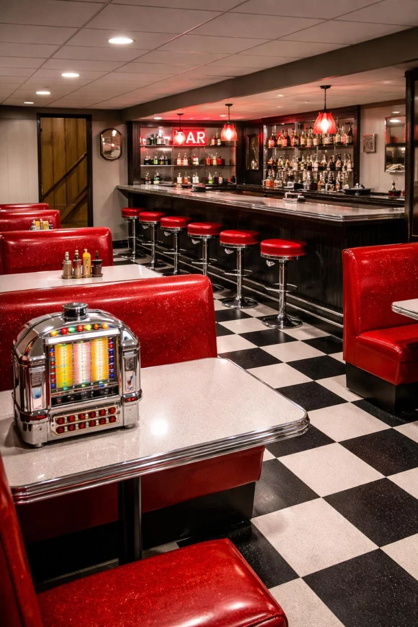 A realistic photo of a basement bar with red glitter vinyl booths, a checkered black and white floor, a tabletop jukebox, and chrome edged countertops.